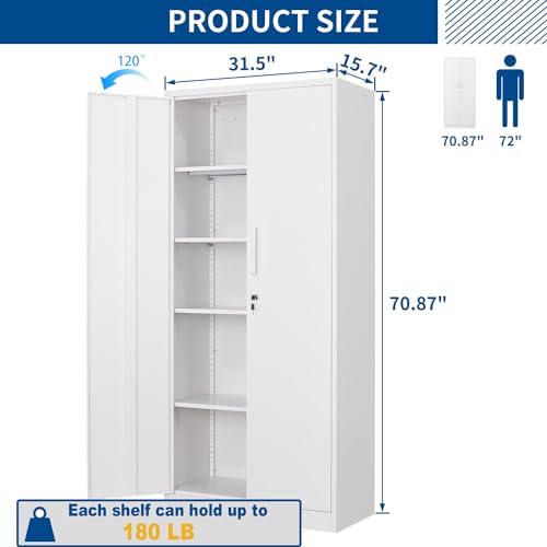 Fesbos Metal Storage Cabinet-71” Tall Steel File Cabinets with Lockable Doors and Adjustable Shelves-White Steel Storage Cabinet for Home, School, Fesbos