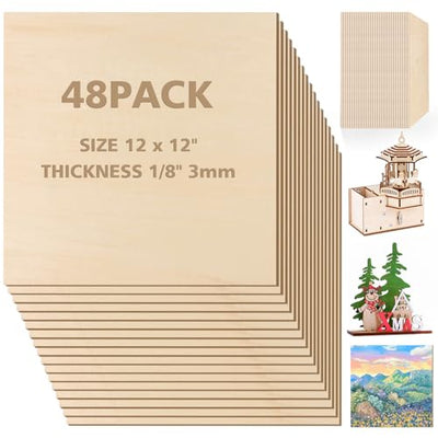 Basswood Sheets 1/8 x 12 x 12 inch - 3mm Basswood Sheets Plywood Sheets Balsa Wood, 48Pcs Square Unfinished Wood Board for DIY Crafts, Laser Cutting,