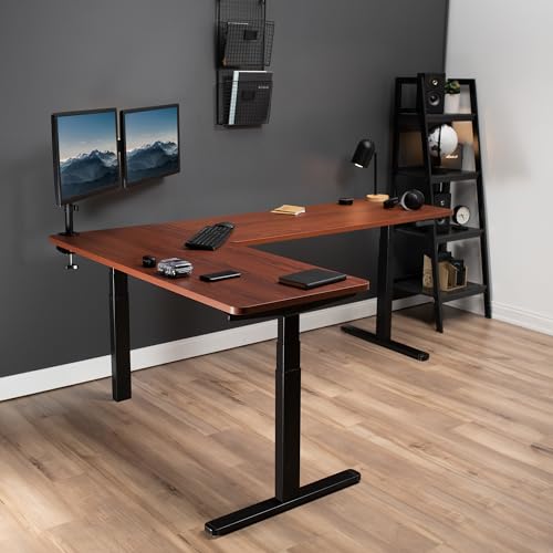 VIVO Electric Height Adjustable 83 x 60 inch Corner Stand Up Desk, 2 Dark Walnut Solid Table Tops, Black Frame, Memory Controller, L-Shaped VIVO