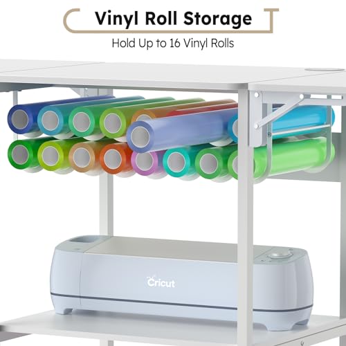 Crafit 3 Tier Movable Heat Press Table, Foldable Heat Transfer Machine Stand with Vinyl Roll Holder, Heavy Duty Rolling Metal Workbench for DIY Crafit