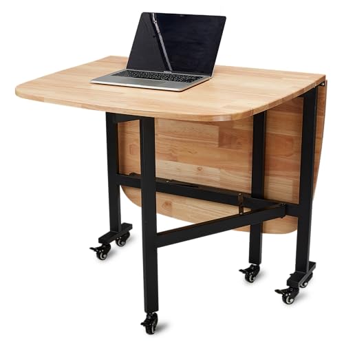 Rukulin Multifunction Table Drop Leaf Dining Table - 47" Solid Wooden Foldable Kitchen Table with 6 Wheels (Natural) Rukulin