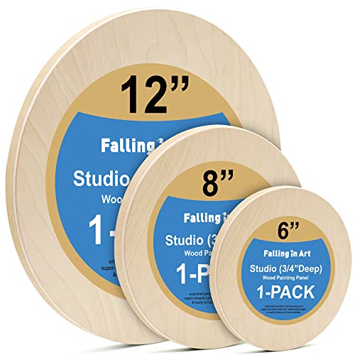 Falling in Art Unfinished Round Birch Wood Panels Kit for Painting, Wooden Canvas 3 Pack of 6, 8", and 12" Studio 3/4" Deep, Cradle Boards for Falling in Art