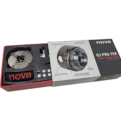 NOVA 48291 PRO-TEK G3 1" X 8 TPI Direct Thread Wood Turning Nickel Plated Chuck and Laser Etched Jaw Set with T Bar Wrench and 6 Point Star Fasteners Nova