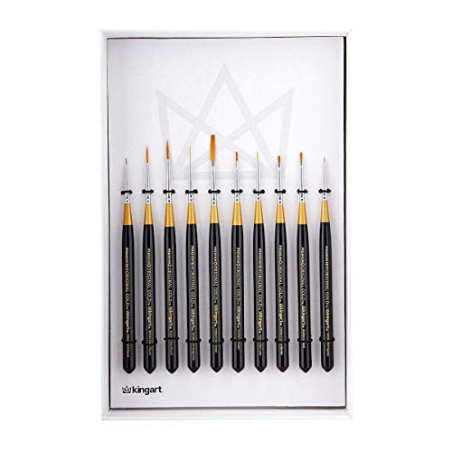 KINGART Original Gold Miniature Detail Series, Comfort Handle, Premium Golden Taklon, Multimedia Artist Brushes, Gift Box, Set of 10, Acrylic Handle, KINGART