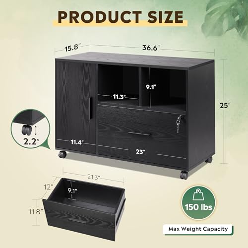 DEVAISE Office File Cabinet with Lock, 1-Drawer Wood Lateral Filing Cabinet on Wheels, Printer Stand with Open Storage Shelves for Home Office, Black DEVAISE