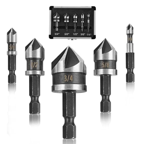KENDO 5PCS Countersink Drill Bit Set, High Speed Steel Countersink Bits, 82 Degree 5 Flute Pieces, 1/4 Inch Hex Shank, Fit for Sink Holes into Kendo