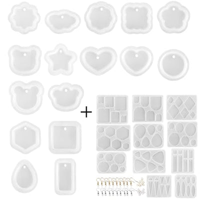 RESINWORLD 16pcs Variety Geometric Pendant Silicone Molds with Hanging Hole + 11pcs Variety Size Earrings Molds for Resin