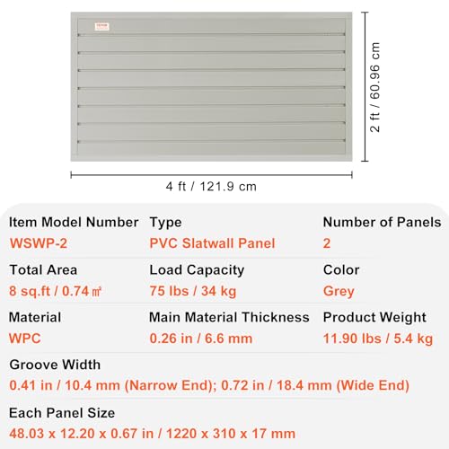 VEVOR Slatwall Panels, 4 ft x 1 ft Gray Garage Wall Panels 12"H x 48"L (Set of 2 Panels), Heavy Duty Garage Wall Organizer Panels Display for Retail VEVOR