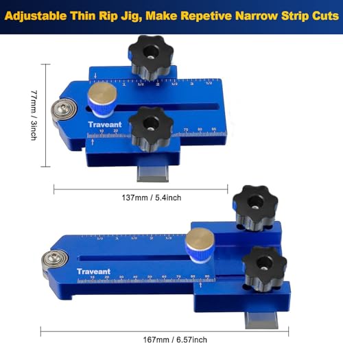 TRAVEANT Thin Rip Jig, Table Saw Jig Guide for Repeat Narrow Strip Cuts Works with Table Saw Router Table Band Saw - Extended Version (Klein Blue) Traveant