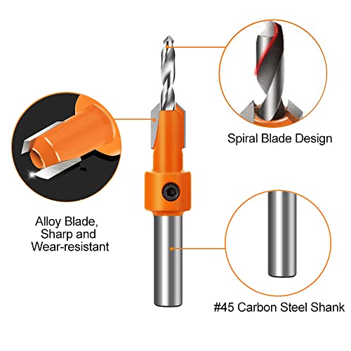 ASNOMY 10Pcs Wood Countersink Drill Bit Set, 5Pcs Countersink Drill Bit with 5Pcs Extra Pilot Drill bit, Tapered Drill Bits with 5/16" Round Shank, ASNOMY