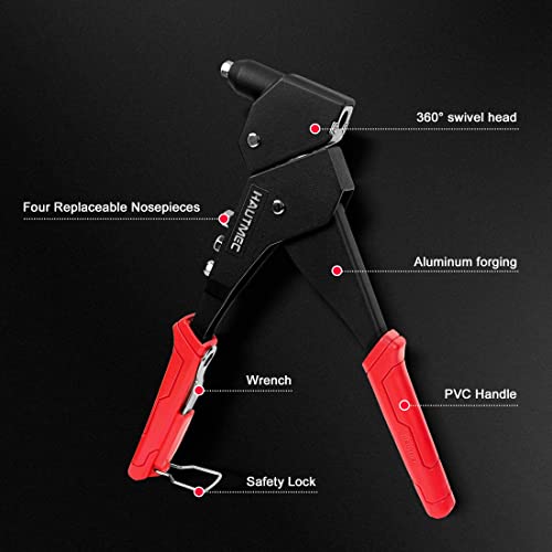 HAUTMEC Pop Rivet Gun,360° Swivel Head Hand Rivet Tool with 4 Manual Interchangeable Rivet Heads HT0128-HR HAUTMEC