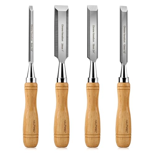 HUATMEC Wood Chisels Set of 4, Carbon Steel Beveled Edge Blade, Beech Handle for Woodingworking and Carving HT0315 HAUTMEC