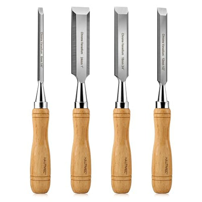 HUATMEC Wood Chisels Set of 4, Carbon Steel Beveled Edge Blade, Beech Handle for Woodingworking and Carving HT0315