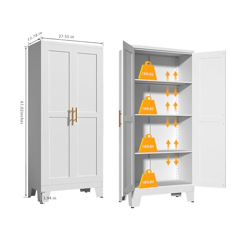 RISTERN White Metal Storage Cabinet, 61" Steel File Cabinet for Home Office, Kitchen Pantry Storage Cabinet with Doors and 3 Adjustable Shelves, Tool RISTERN