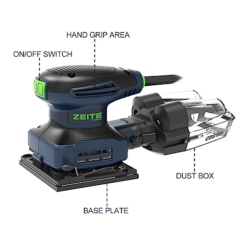 ZEITE 2.4 Amp Electric Palm Sander with 12Pcs Sandpapers, 1/4 Sheet Orbital Finishing Sander for Woodworking, 10 Ft Cord Hand Sander for Polishing Zeite