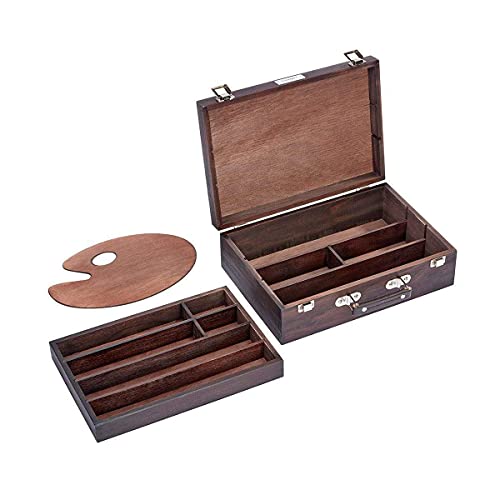 KINGART 720 Wood Art Storage Box With Espresso Stain, 2-Tier Wood Case with 10 Dividers, Holds Markers, Paint, Brushes, Pencils, And More KINGART