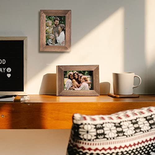 Wood Picture Frame 4x6 Brown Retro Photo Frames with Real Glass Solid Wooden Photo Frame Standing for Tabletop Hanging Wall Farmhouse Home Desk OKSQW