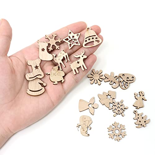 yueton 100PCS Mini Christmas Tree Snowflakes Stars Moose Bells Hats Socks Angels Christmas Unfinished Blank Wood Pieces Wood Slices Wood Chips yueton