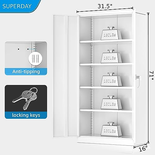 Superday Metal Storage Cabinets, 71" Steel Storage Cabinet with Lock, Tall White Cabinet with 2 Doors and 4 Adjustable Shelves for Garage, Home Superday