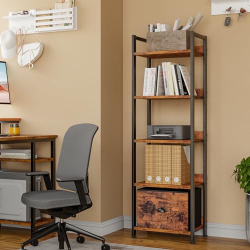 Furologee Rustic Brown 5-Tier Narrow Bookshelf with Drawer – Industrial Wood and Metal Storage Organizer Furologee