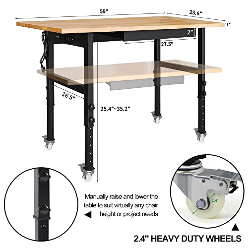 59" Bamboo Wood Garage Workbench w/Power Outlets & Drawer,Adjustable Height 25.4"-35.2",Multifunctional Workstation on Wheels 2000 Lbs Commercial RELIANCER