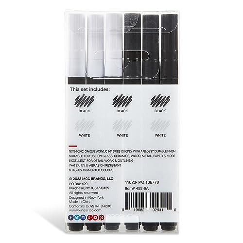 KINGART 453-6A PRO Black & White 6 Ct.(3 ea.) Extra Fine Paint Pens, 0.7mm Tip, Low-Odor Water-Based Quick Dry Acrylic Paint Markers for Rock, Wood, KINGART