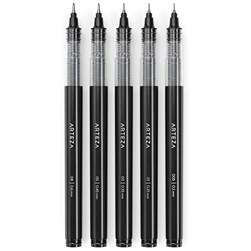ARTEZA Micro-Line Ink Pens, Set of 5, Black Fineliners with Japanese Archival Ink, Art Supplies for Comic Artists and Illustrators, Calligraphy, ARTEZA