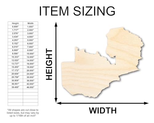 Unfinished Wood Zambia Country Shape - Southern Africa Craft - up to 36" DIY 7" / 1/2" 24 Hour Crafts