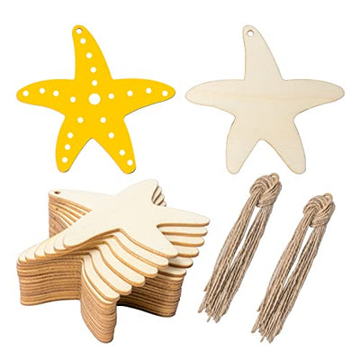Unfinished Starfish Wooden Tag Hanging Wood Sea Animals Wood Cutout Blank Wood Slices Wooden Gift Tags with Twine for Beach & Nautical Decor