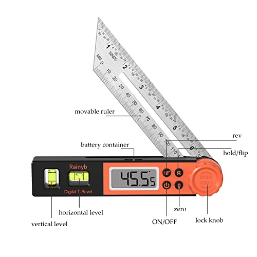 Digital Angle Finder Protractor 0-360 Degree T-Bevel Gauge & Protractor with Horizontal Vertical Bubble & Full LCD Display for Woodworking, Rainyb