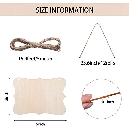 12 Pcs Unfinished Hanging Wood Sign Rectangle Wood Blank Plaque Hanging Wood Sign with Rope for Pyrography, Painting, Writing, Decoration, DIY Craft, Jetec