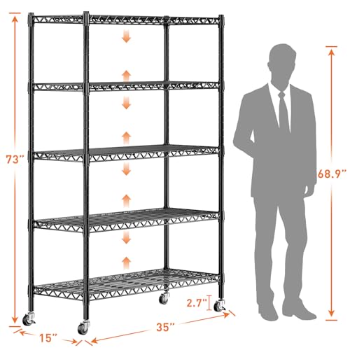 REIBII 73''H Storage Shelves 1780LBS Wire Shelving Unit with Wheels 5 Tier Metal Shelving,Heavy Duty Metal Shelves for Storage Rack,73''HX35''WX15''D REIBII