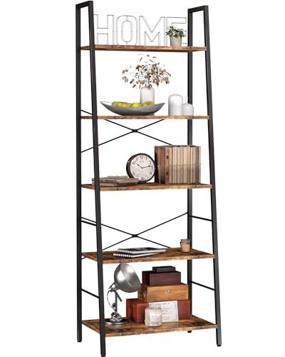Yusong 5-Tier Industrial Ladder Bookshelf - Rustic Brown Storage Rack for Home and Office