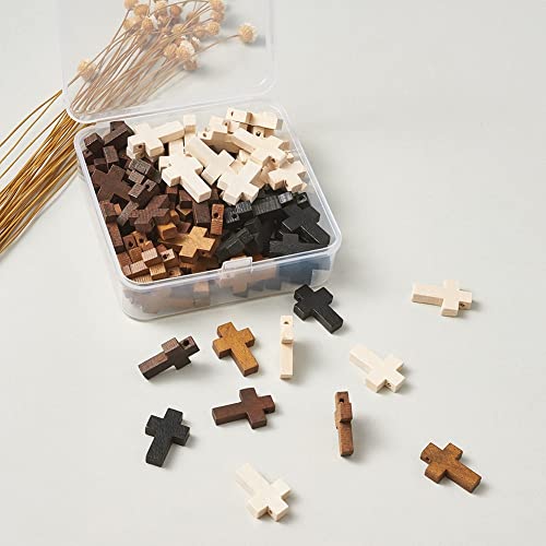 KISSITTY 100Pcs/box Wooden Cross Charms 4 Colors Natural Unfinished Wood Cross Crafts Beads Small Cross Charms Pendants Hole: 1.8mm for Necklace KISSITTY