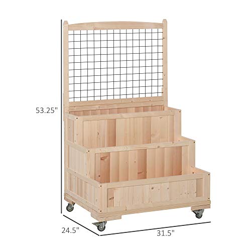 Outsunny 3-Tiers Raised Garden Bed with Trellis, 53" H Vertical Planter Box with Wheels & Back Storage Area, for Flowers, Vegetables, Herbs, Natural Outsunny