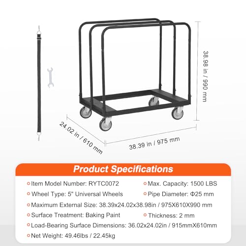VEVOR Steel Panel Truck, 1500 LBS Panel Dolly Cart with 5" Swivel Casters and 36.02" x 24.02" Deck, Heavy-Duty Drywall Sheet Cart, Handling Wall VEVOR