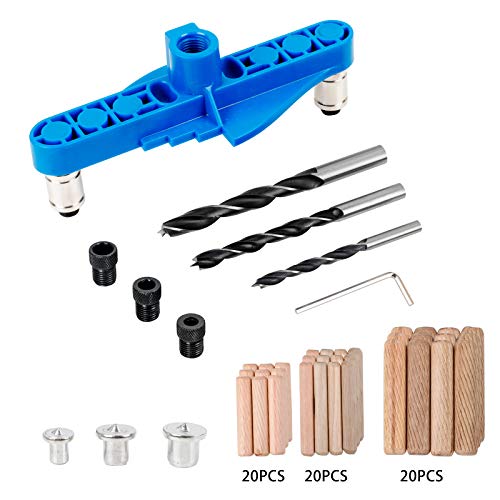 CABINAHOME 74 pcs handheld dowel jig kit 2 in 1 Center Scriber Line doweling hole jig with Wood Dowels Pins Drill Bits for Woodworking Drilling and CABINAHOME