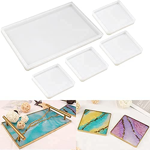 RESINWORLD Resin Tray Mold, 1Pc Thick Rectangle Tray Mold with 4 Pack Square Coaster Molds + 4 Pack Resin Coaster Molds, Diamond Edge Crystal Coaster ResinWorld