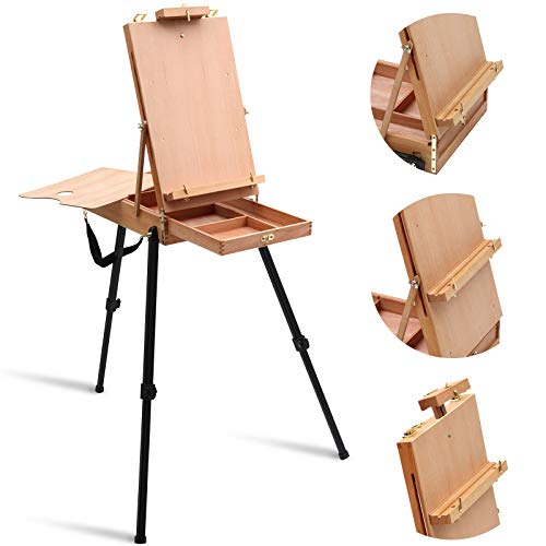 Falling in Art Light Weight French Style Field and Sketchebox Easel with Aluminum Tripod, Adjustable Beechwood Tripod Standing Easel with Drawer,