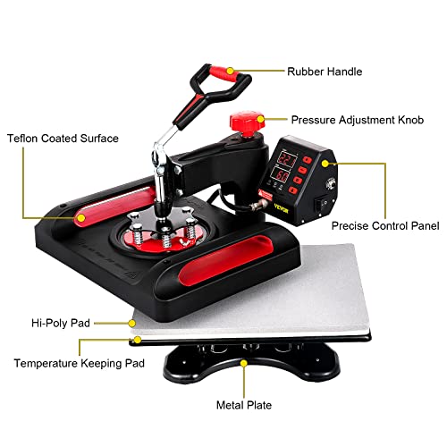 VEVOR Heat Press, Upgrade 5 in 1 Heat Press Machine for T-Shirt Hat Cap Mug Plate Sublimation, 15x15 inch Anti-Scald Fast Swing Away Digital Control VEVOR
