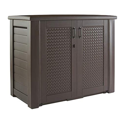 Rubbermaid Extra Large Decorative Patio Storage Cabinet, Weather Resistant, 123 Gal., Dark Teakwood, for Garden/Backyard/Home/Pool