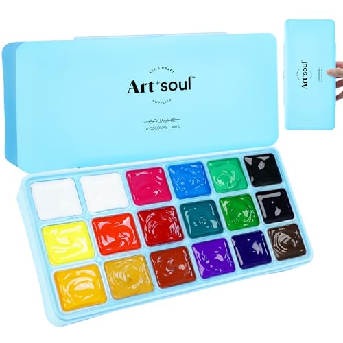 Art+soul Jelly Cup Gouache Paint, 18 Vibrant Colors x 30ml/Cup with Portable Case and Palette, Non-Toxic, Odourless, Ideal for Beginners, Students, TE