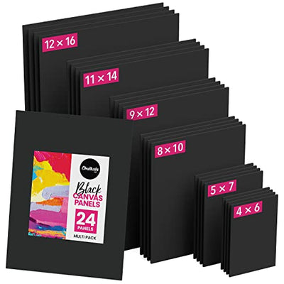 Chalkola Black Canvas for Painting - 24 Pack Canvas Panels - 4x6, 5x7, 8x10, 9x12, 11x14, 12x16 inch (4 Each) - Canvases are 100% Cotton, Primed,