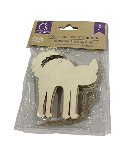 Spooky Town Wood Cutout Color-Your-Own-Ornament Halloween Craft - 3.5 Inches Tall - 8 Pieces with Twine Hangers (Black Cat) Spooky Town