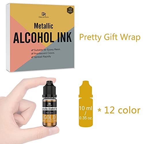 Metallic Alcohol Ink Set - 12 Metal Color Alcohol-Based Inks for Epoxy Resin Art, Painting - Concentrated Shimmer Alcohol Paint Color Dye for Resin DecorRom