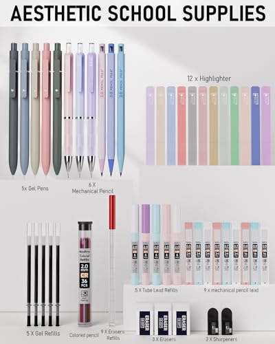 Nicpro 50 PCS Aesthetic School Supplies with Pen Case, 12 Colors Chisel Tip Cute Highlighters, 5 Quick Dry Retractable Black Ink Pens, 6 Pastel Nicpro
