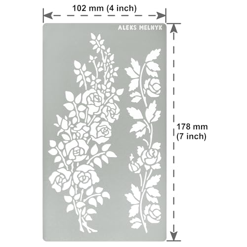 Aleks Melnyk No.269 Metal Stencil, Rose Flower Branch, Rose Vine, Swirls, Leaf Blossom, Small Stencil, 1 PC, Template for Wood Burning, Engraving, Aleks Melnyk