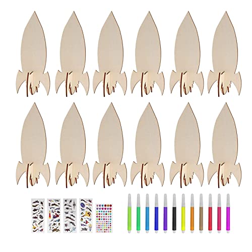 Aosekaa 12x Unfinished Wooden Cutouts Unpainted Wooden Paint Crafts Wood Pieces Rockets Wood Shapes for Outer Space, Painting, DIY, Drawing Signs Aosekaa