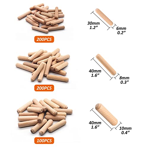 Wooden Dowel Pins Assorted Kit - M6/M8/M10 Fluted Wood Dowel Pins, Made of Hardwood - 500 PCS 3 Size -1/4,5/16,3/8 Inch Dowel pins CZXNBI