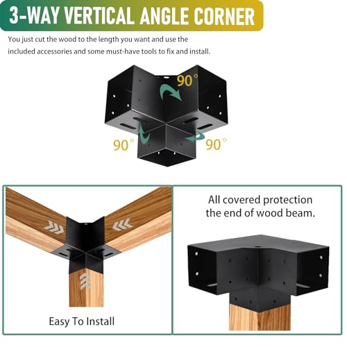 YVHFWOY 4x4 3-Way Pergola Brackets, 90° Right Angle Corner Extension Bracket Woodworks DIY Pergola kit with Black Powder Coated,Modular Sizing YVHFWOY